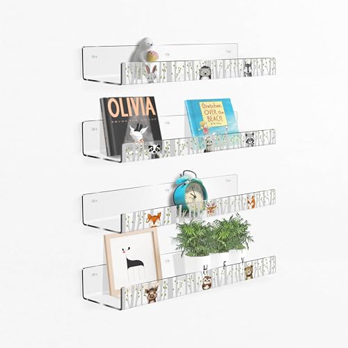 Image of BulbaCraft 4Pcs Nursery Bookshelf - Acrylic Baby Book Shelf for Nursery, Woodland Nursery Decor, Stylish Floating Shelves for Wall Nursery Room, Kids Room, Playroom (17.7 Inches Length)