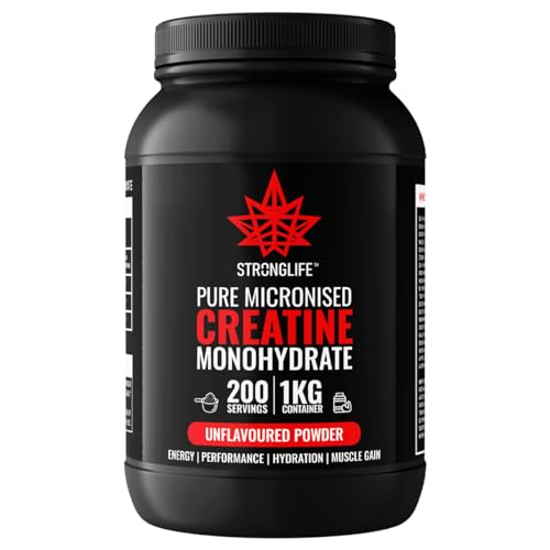 Creatine Monohydrate Powder by Stronglife - 1000 grams (1kg), 200 Servings at 5 grams, Micronised, Pure 200 Mesh, Unflavoured - Enhances Muscle Performance Power & Recovery (1000 Grams (1kg))
