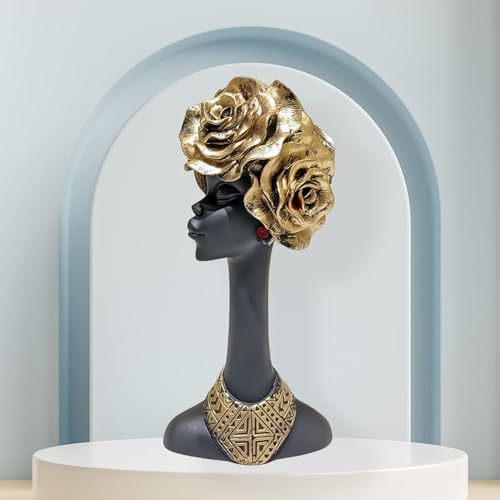 Image of Statue Decorative Showpiece - Luxury Black & Gold Resin Sculpture for Living Room, Office & Bedroom | Artistic Tabletop Home Decor Gift Item (African Flower Lady-6)