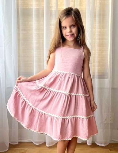 Arshiner Girls Summer Sleeveless Bow-Tie Straps Sundress Flowy Smocked Backless Tiered Lace Swing Midi Dress with Pockets3