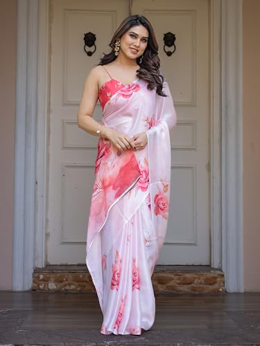 Image of ALMAARI FASHION Women's Floral Printed Georgette Satin Saree with Unstitched Blouse Piece | Traditional Ethnic Wear Sarees | Soft Lightweight Ethnic Office Wear Daily Wear Indian Sari (SG 161-170 H)