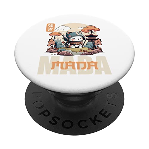 Mada Mada Kawaii Kitten Samurai Print for Young Anime Lover PopSockets Swappable PopGrip, Black