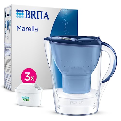 BRITA Wasserfilter-Kanne Marella blau (2,4l) inkl. 3x MAXTRA PRO All-in-1 Kartusche - NEU - Filter zur Reduzierung von Kalk, 