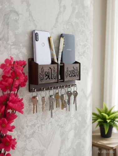 Image of CAPIO ART Wooden Wall Mounted Key Holder with 7 Hooks & Shri Radhe Design