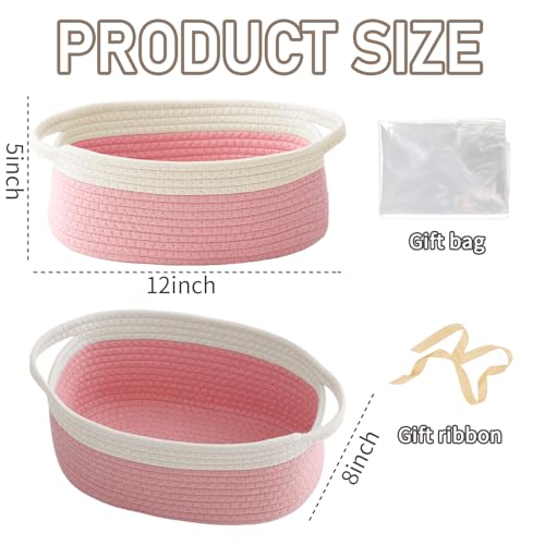 Image of JMvicyroam Small Woven Basket, Empty Gift Basket, White&Pink /3 Pack | Small Gift Basket, Cotton Rope, 12 x 8 x 71 in, Handles, Includes Ribbon and Bag, Birthday Gift Basket