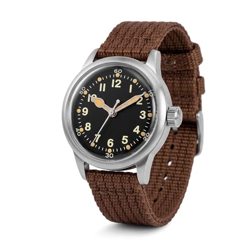 PRAESIDUS A-11 Military Watch | Automatic WW2 Field Watch for Men | 42mm Stainless Steel Case with Black Dial & Brown Nylon Strap and 100M Water Resistance Assembled in USA