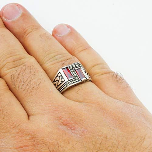 Solid 925 Sterling Silver Turkish Handmade with Baguette Cut Simulated Red Ruby Stone & Marcasite Stone Men's Band Ring4