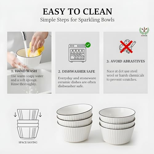 Image of Elegant White Ceramic Dessert Bowls with Black Rim - Set of 2, Ribbed Design, Perfect for Ice Cream, Desserts, Snacks, and More (2 Round Bowls)