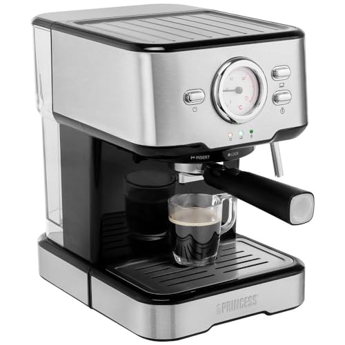Princess 249415 Máquina de café Espresso, Compatible con cápsulas Nespresso, monodosis ESE y café molido, 1 o 2 tazas, 20 bares de presión, Depósito extraíble de 1.5L, con espumador de leche, 1100 W