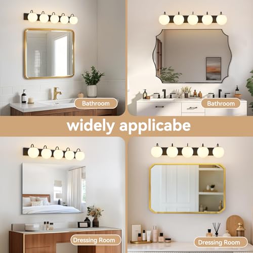 Image of Vintage Matte Black Bathroom Vanity Light Fixtures Over Mirror 5 Lights