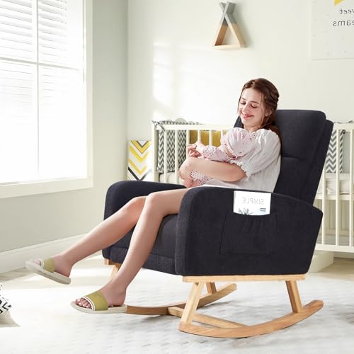 HCHAIRH Rocking Chair Nursery, Nursing Rocking Chairs with Foot Rest for Mom Nursery, Rocker Glider Chair with High Backrest for Living Room, Bedroom, Black