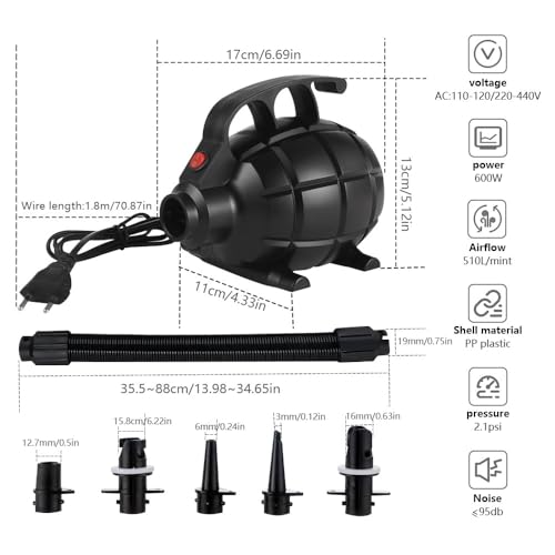 Elektrische Luftpumpe 600W, Airtrack Pumpe mit 5 Düsen, perfekt für Kinderbecken, Wassersport und Familienausflüge