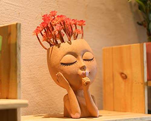Face Planter Pots, Head Planter, Succulent Planters For Indoor Outdoor Plants Resin With Drainage Hole Cute Lady Closed Eyes Head Pots, Diy Gifts For Family And Friends #TOP2