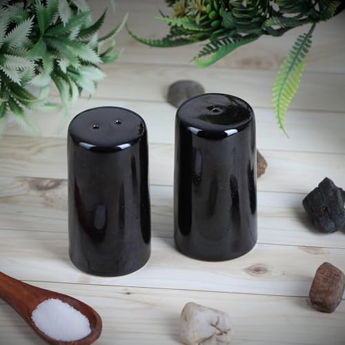 Image of QIMACPLUS Handcrafted Ceramic Salt and Pepper Shaker Set | Perfect Pour Holes for Kitchen, Dining Table, Picnic, Office, Restaurant, and Hotel | Set of 2 (Black)