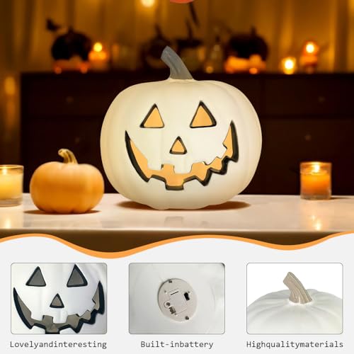 Halloween Deko Outdoor Garten, Kürbis Deko Kerze Led Herbstdeko Weiß(20cm) – Ansicht 4