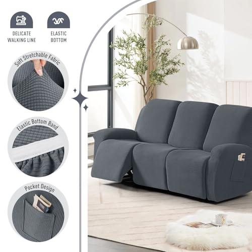 Image of TAOCOCO Recliner Sofa Covers 8-Pieces Stretch Large Couch Covers for 3 Seats Reclining Slipcovers Soft Jacquard Pattern Furniture Protector (Grey)