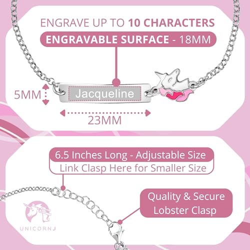 Image of UNICORNJ Sterling Silver 925 Engravable ID Bracelet Rolo Chain for Girls Heart with Pink Enamel 6.5 inch