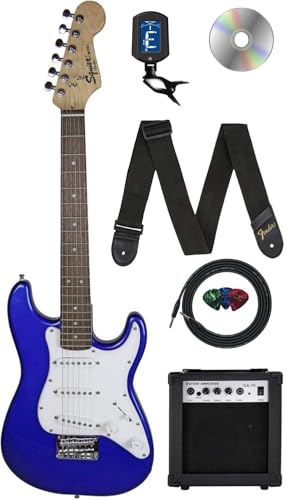 Fender Squier 3/4-Size Kids Mini Strat Electric Guitar - Blue Bundle with Amplifier, Cable, Tuner, Strap, Picks, and Austin Bazaar Instructional DVD