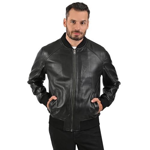 Frye MEN’S CLASSIC LEATHER BOMBER JACKET, GENUINE LEATHER, RIBBED KNIT COLLAR, CUFFS AND HEM – BLACK COLOR