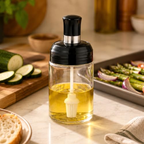 Image of BERGNER Glass Oil Bottle (260ml) with Silicone Brush, Mini Oil Container Bottle for Kitchen, Durable, Food Grade, Easy to Fill, Glass Oil Bottle with Brush for Cooking, Baking, BBQ, Marinating