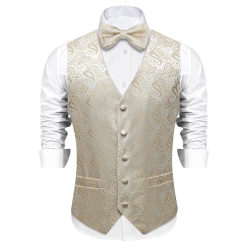 Image of DiBanGu Mens Paisley Suit Waistcoat,Silk Dress Vest and Bowtie Pocket Square Cufflinks with Lapel Pin Set for Wedding Tuxedo