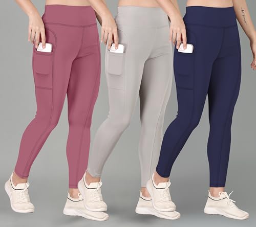 Image of Women's Polyester Blend Legging with High Rise Solid Design and Side Pocket | Stretchable Fitness Bottomwear for Gym, Yoga, Running, Cycling and Workout Sessions
