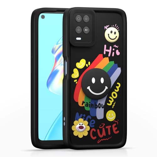 Image of Pikkme Back Cover for Oppo A54 | Soft Silicone| Cute Rainbow Smile & 3D Cartoon Flower Design | Shockproof Raised Camera Protection Bumper Case (Black)