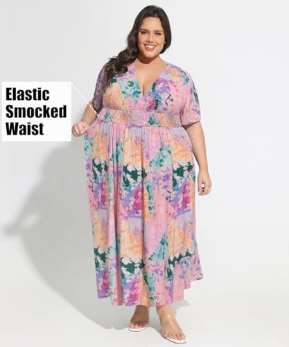 Image of CARCOS Plus Size Dresses for Curvy Women V Neck Summer Maxi Dress Short Sleeve Floral Boho Dress Smocked Waist Beach Dress