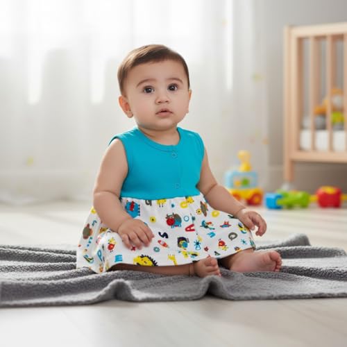 Image of VParents Knee-Length Sleeveless Cotton Frocks for Baby Girls, Round Neck A Line Mini Short Dress for Kids