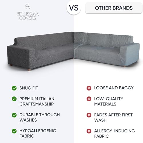 Image of Bellissima Sofa Covers - Premium Luxury Microfibra Plain Stretchable Corner Sofa Cover Fully Covered Slipcover, Imported from Italy (Pearl)