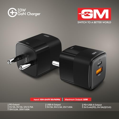 Image of GM G+ 33W Fast Charging Mobile Adapter with GaN Technology | Dual-Port Type A and Type C Adaptor | Travel Charger for Apple iPhones, Smart Watch, Android Phone, and Other Devices (Black)