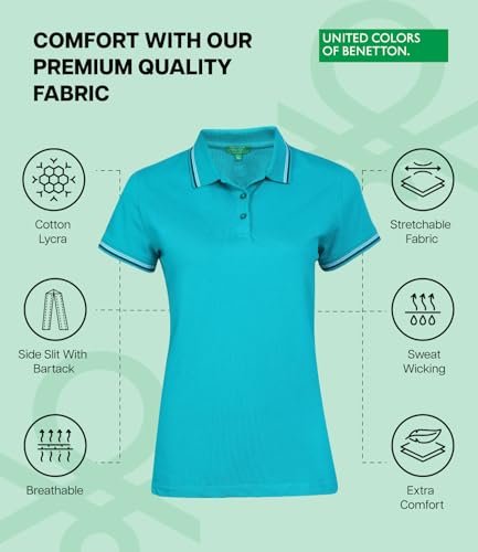 Image of UNITED COLORS OF BENETTON Women's Cotton Lycra Half Sleeves Plain Stylish Regular Fit Polo T-Shirt with Coloured Collar Tipping