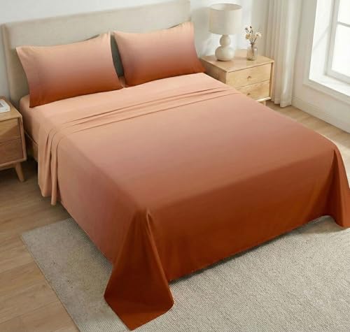 Image of SANMARINO King Size Bedsheet with 2 Pillow Covers, 300 TC UltraSatin Premium Bedding Set, Aesthetic Home Decor, Ideal Gift for Couples, Wedding, Anniversary & Special Occasions - Sunset Rust Ombre