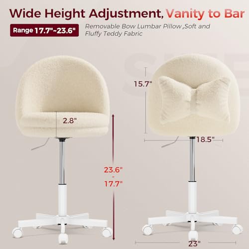 Image of GTPLAYER Velvet Tall Office Chair with Wheels Vanity Chairs with Back, Versatile Height Use: Office to Bar Stools Small Ergonomic Comfy Armlees Computer Desk Chair with Bow Lumbar Pillow for Gift