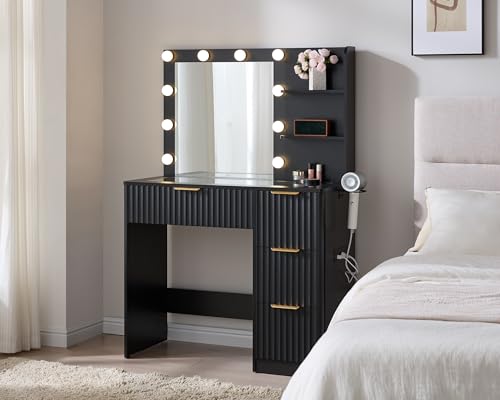 Image of AMERLIFE 36.2 inch Fluted Vanity Desk with Mirror and Adjustable LED Lights, Large 4 Drawers Makeup Table with Glass Top and Charging Station for Women and Girls, Bedroom or Dorm, Black