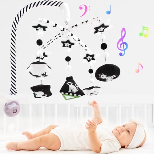 Image of Baby Crib Mobile Black and White High Contrast Musical Baby Mobile for Crib Give Visual Stimulation to Engage Your Newborn Detachable Hanging Toys Mobile for Bassinet Boys & Girls