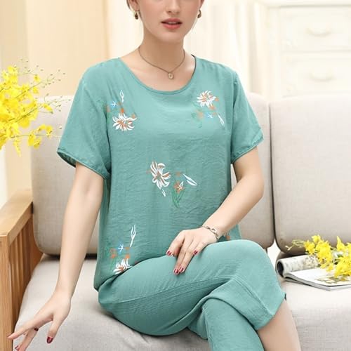 Image of FindThy Women's 2 Piece Linen Outfits Short Sleeve Floral Print Lounge Sets Crewneck Summer Suits