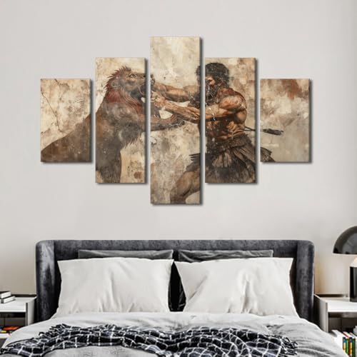 Toile murale hercule et lion peinture grecque antique déco salon encadrée