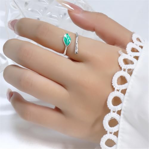 Enamel Green Leaf Branch Promise Ring for Women Silver Plated Engraved Leaves Stackable Open Band Finger Rings Adjustable Expandable Comfort Fit Minimalist Engagement Jewelry for Lover Wife3