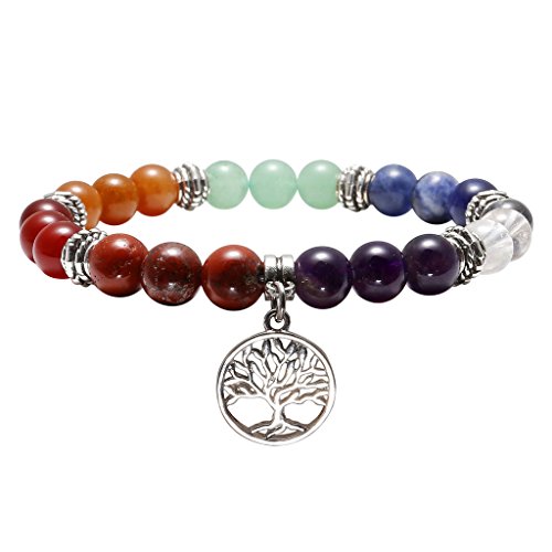 Top Plaza 7 Chakra Reiki Healing Bracelet Real Stones Yoga Meditation Mala Bead Elastic Bracelets For Women, Silver Alloy Tree Of Life Charm #TOP3
