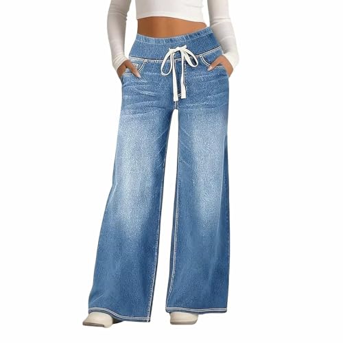 Jean large femme taille haute avec cordon élastique et poches coupe jogging denim Y2K