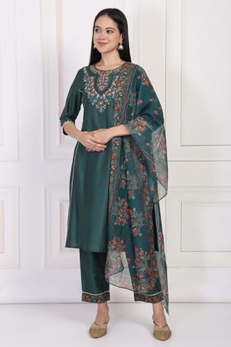 Image of W for Woman Embroidered Floral Zari Work A-Line Silk Blend Kurta with Straight Pant and Dupatta Set