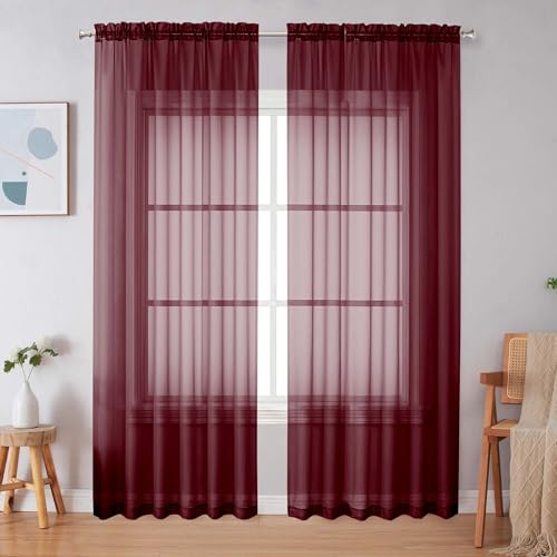 Image of Simplebrand Burgundy Red Sheer Curtains 90 Inches Long 2 Panels, Light Filtering Rod Pocket Solid Color Window Sheer Curtain Panels, Elegant Curtains & Drapes for Living Room, Bedroom, 59 inch W x 90 inch L