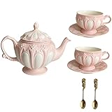 DMJLI-T Tasses à Café Vintage Françaises,7 Pièces Porcelaine Services à Café Thé, Theiere Tasses Soucoupes,Cuillères,Chine Céramique,Pichet Fête Elégant pour Femmes,Pink