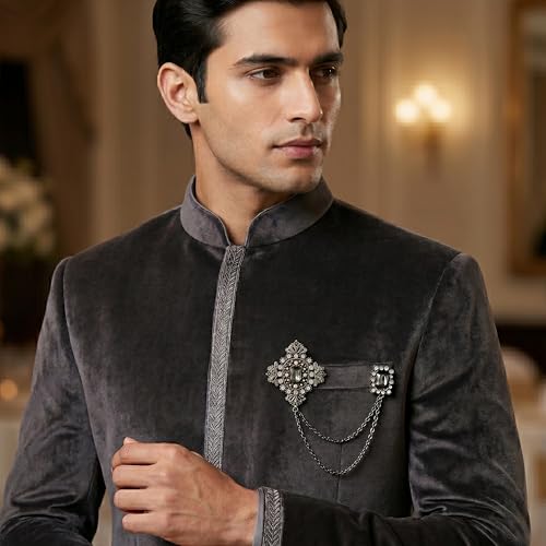 Image of Mahi Victorian Style Artificial Pearl & Crystal Sherwani Brooch Pin with Hanging Chain for Men (PABP1101193PR)