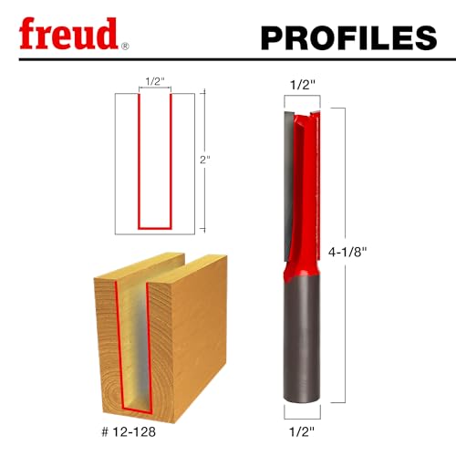 Image of Freud Double Flute Straight Bit (Eclipse Grind) with Tico Hi-Density Carbide - 2 Cutters, 24000 RPM, 2 inch Height, 1 /2 inch Diameter, 4-1 /8 inch Length, 1 /2 inch Shank - 12-128