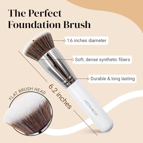 Image of Large Flat Top Kabuki Foundation Brush by Keshima - Liquid, Cream & Powder | Large White, 1.6-inch top diameter kabuki brush buffs and blends liquid, cream or powder foundation for full coverage