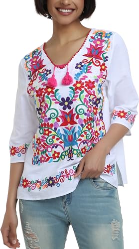 YZXDORWJ Women's Summer Embroidered Mexican Shirts Short Sleeve Casual Tops Blouse