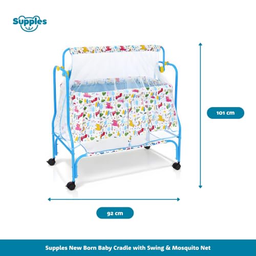 Image of Amazon Brand - Supples Baby Cradle with Swing & Mosquito Net | 0-8 Months | Swing Lock | 4 Wheels with Brake | Soft & Comfortable for Baby Sleep | Sturdy Mild Steel Frame | Blue