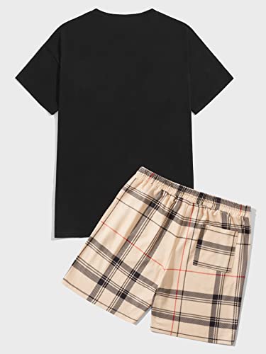 WDIRARA Men's 2 Piece Outfit Bear Print Short Sleeve Tee and Plaid Drawstring Waist Shorts Set2